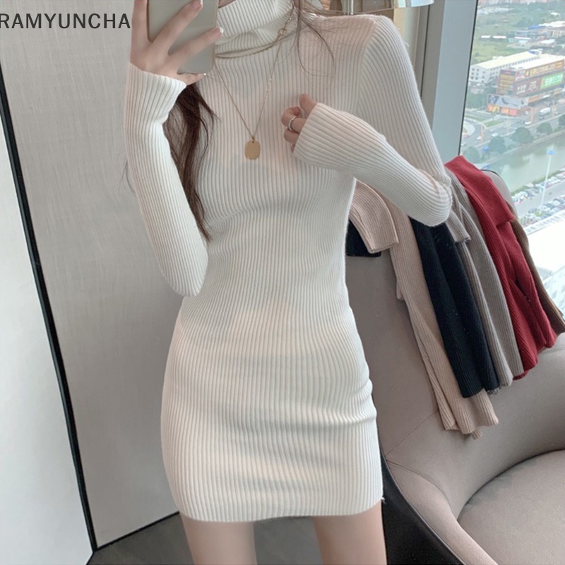 Ram ชุดเดรสแขนยาว คอเต่า ผ้าถัก ให้ความอบอุ่น สีพื้น แฟชั่นฤดูใบไม้ร่วง สําหรับผู้หญิง OTC