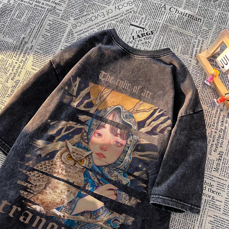 Pofloret เสื้อยืดฟอก oversize ผ้าคอตตอน100 โอเวอร์ไซซ์ สีดําเข้ม สไตล์ฮิปฮอป เรโทร #Y0092