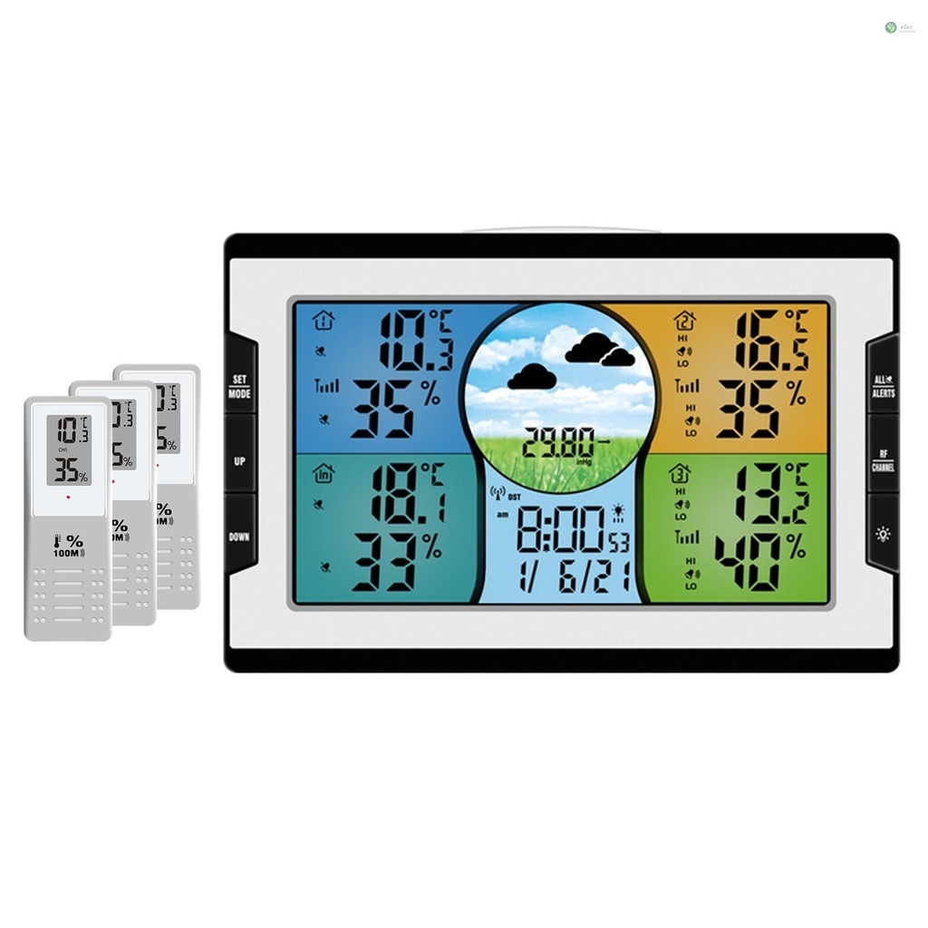 [พร้อมส่ง] นาฬิกาดิจิทัล อเนกประสงค์ RF 4 ช่องทาง วัดอุณหภูมิ และความชื้น พร้อมสัญญาณเตือนภัย พยากรณ์อากาศ