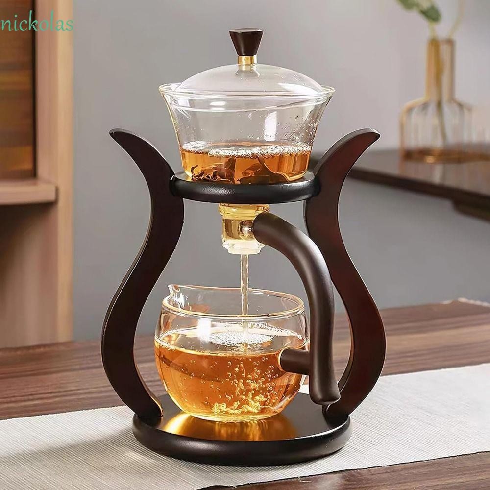 Nickolas Lazy Kungfu ชุดชาแก้ว Borosilicate สูงพร้อมถ้วยชา 6 ชิ้นชุดกาน้ําชากึ่งอัตโนมัติ, ผันน้ําแม่เหล็กหมุนฝาครอบชามทนความร้อนชุดกาน้ําชาแม่เหล็ก