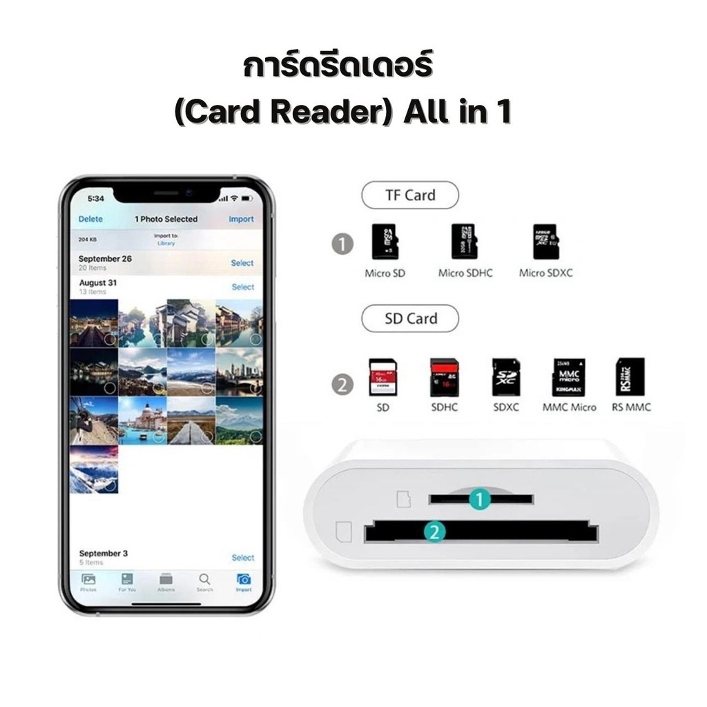 เครื่องอ่านการ์ด Camera storage card reader 2หัว Lightning / Type-c Card Reader 2 in 1 OTG SD Card