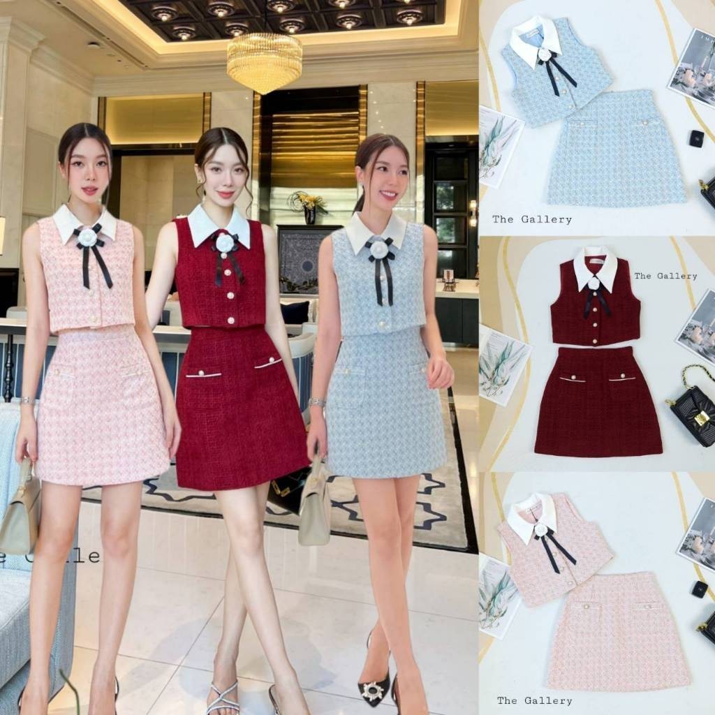 Hiso l (พร้อมส่ง) The Gallery7 ชุดเซ็ต3ชิ้น เสื้อ+กระโปรงพร้อมเข็มกลัดโบว์ดอกไม้หรูหราเข้าชุด  H.clo
