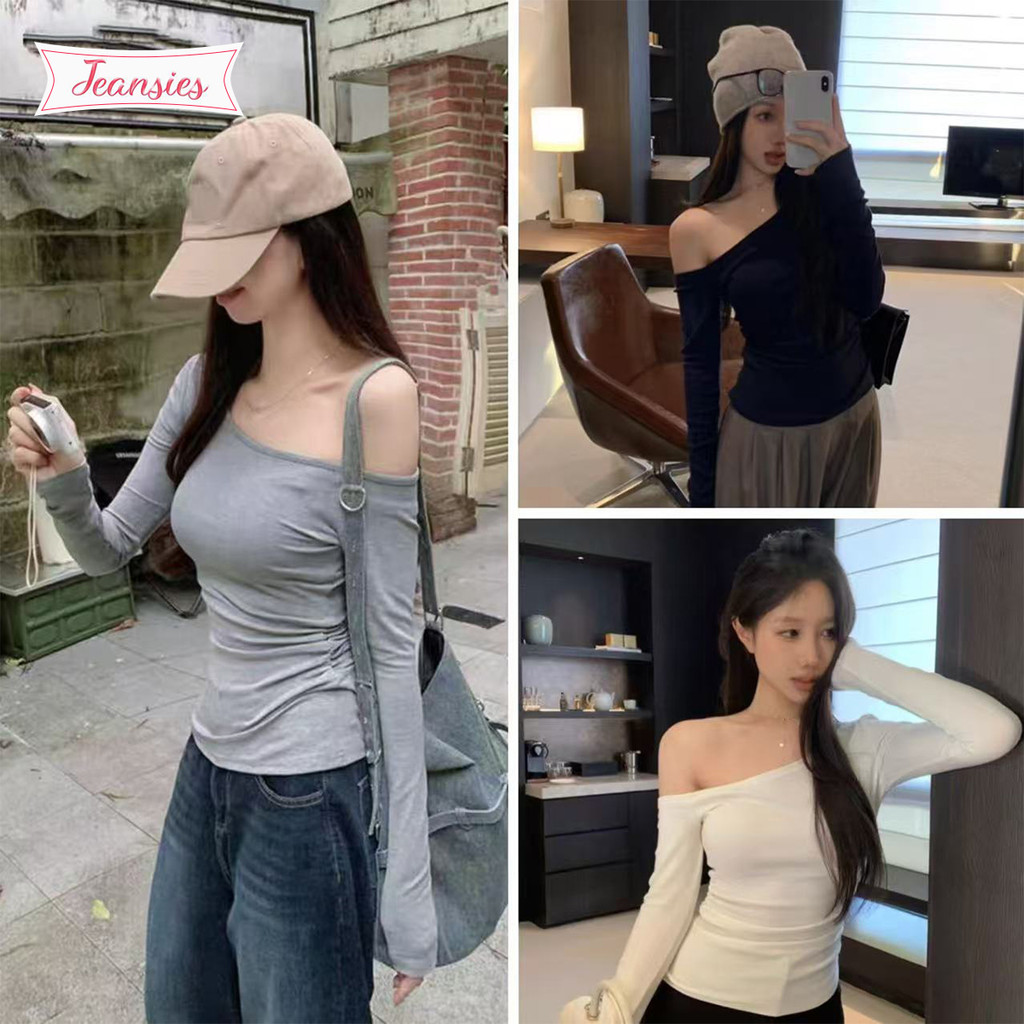 เสื้อยืดเก็บเอวแขนยาวผู้หญิงคอเฉียงทรงสวย
