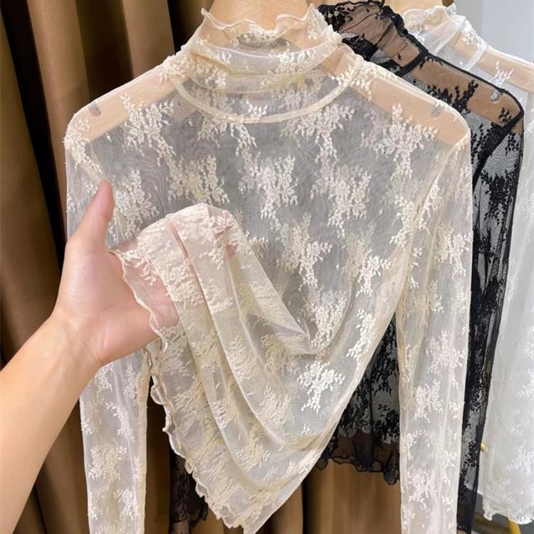 ซีทรูครึ่งคอเต่าลูกไม้ จุดต่ําสุด เสื้อผู้หญิงแขนยาวผ้าโปร่งด้านบน