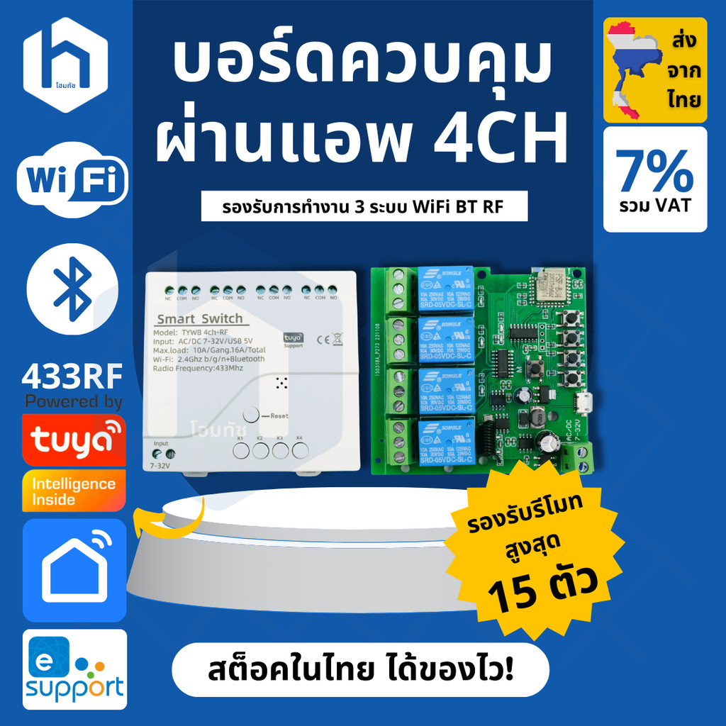 รีเลย์โมดูล 4 แชนแนล รองรับ WiFi RF BT ใช้งานผ่านแอพ Tuya, Smart Life/ eWeLink | WiFi Relay Module 7