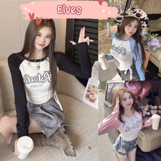 Elves✨พร้อมส่ง✨ เสื้อครอปไหมพรมแขนยาว สกรีนลายตัวหนังสือ ~5K67~ -C