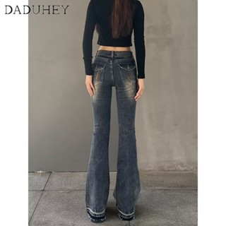 DaDuHey🎈 American Style Women New Retro High Street Washed Jeans Fashion Mopping All-Match Casual Frayed Flared Pants