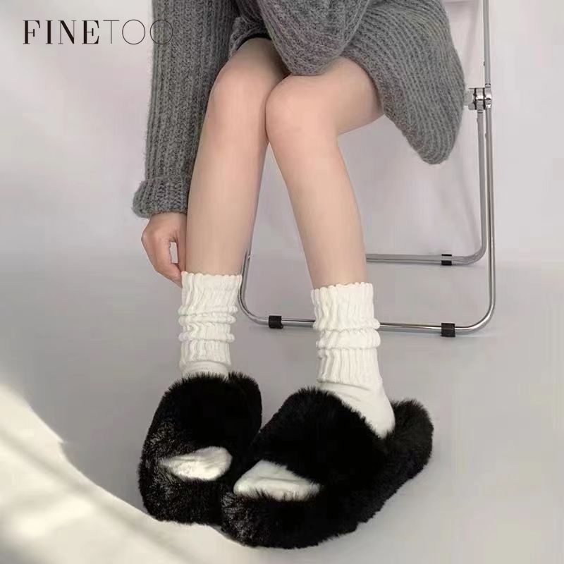 Finetoo ถุงเท้าผ้าฝ้าย ถุงเท้ายาวปานกลาง สีพื้น สไตล์ญี่ปุ่น