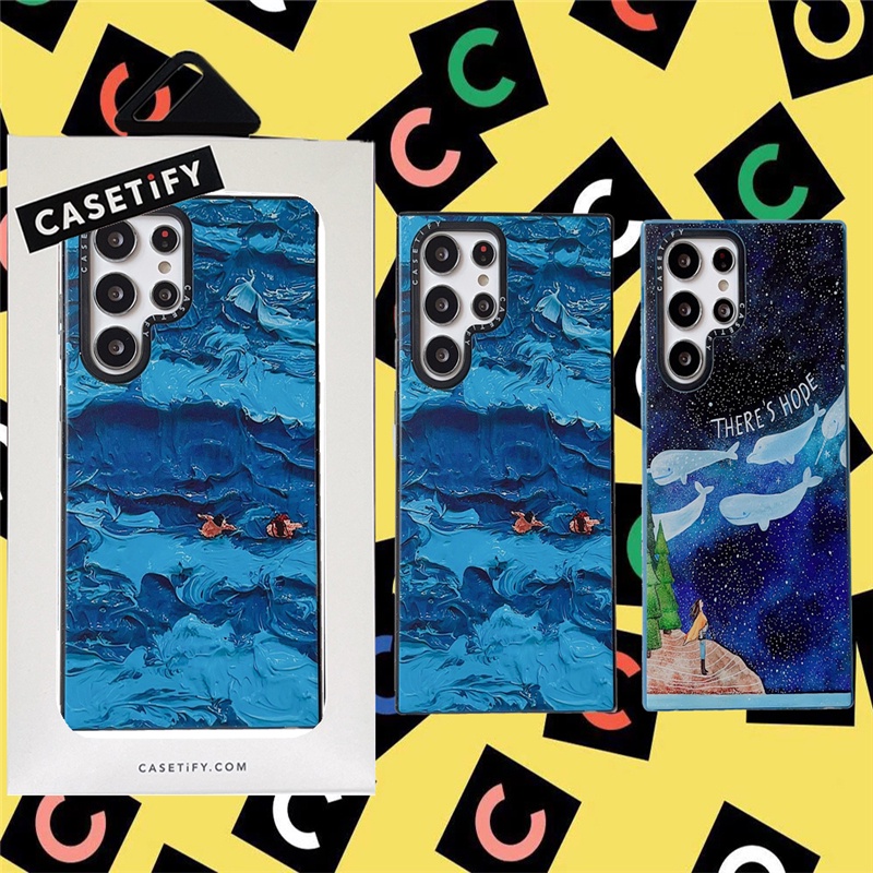 CASETIFY เคสโทรศัพท์มือถือ TPU นิ่ม กันกระแทก ลายภาพวาดสีน้ํามัน รูปคลื่น แต่งกลิตเตอร์ พร้อมกล่องบรรจุ สําหรับ Samsung Galaxy S24 S23 S22 Ultra Plus