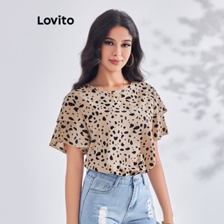 Lovito เสื้อเบลาส์ลําลอง ลายจุด สองชั้น สําหรับผู้หญิง LBE03008 (สีกากี)