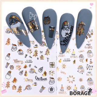 Borag สติกเกอร์ติดเล็บ ลายซานตาคลอส กวางเอลก์ ปี คริสต์มาส สีทอง สีขาว