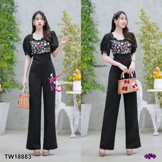 💗พร้อมส่ง  Jumpsuit จั้มสูทขายาวแขนพอง อกแต่งลายดอกไม้ + ที่คาดผม ชุดไปทะเล ชุดเซ็ท เสื้อผ้าสาวอวบ ขาว ดำ แดง ชมพู