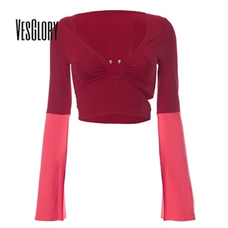 Vesglory เสื้อครอปท็อปแขนยาว เปิดไหล่ เปิดหลัง เข้ารูป สีตัดกัน แฟชั่นสําหรับสตรี 2023