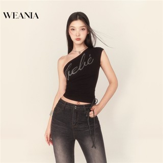 Weania เสื้อครอป เปิดไหล่ข้างเดียว พิมพ์ลายตัวอักษร แต่งกลิตเตอร์ เซ็กซี่ สําหรับผู้หญิง