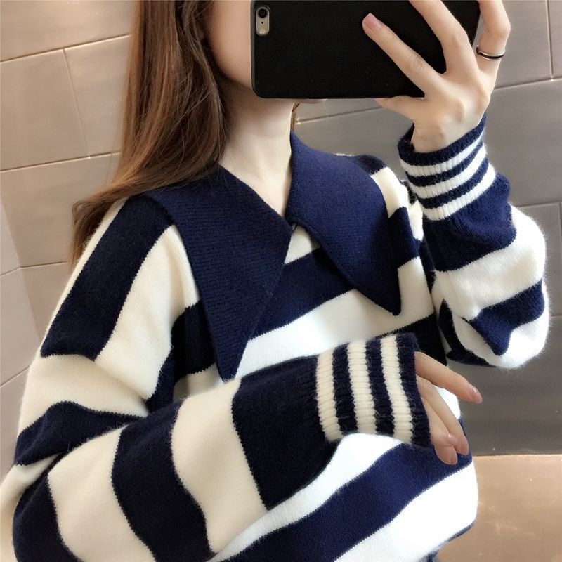 เสื้อกันหนาว ทรงหลวม ลายทาง เข้ากับทุกการแต่งกาย แฟชั่นฤดูใบไม้ร่วง สไตล์ใหม่ สําหรับผู้หญิง