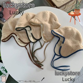 Lucky หมวกขนปุย กันลม ป้องกันหู ขนแกะ หนา สีพื้น แฟชั่นฤดูใบไม้ร่วง ฤดูหนาว สําหรับเด็ก