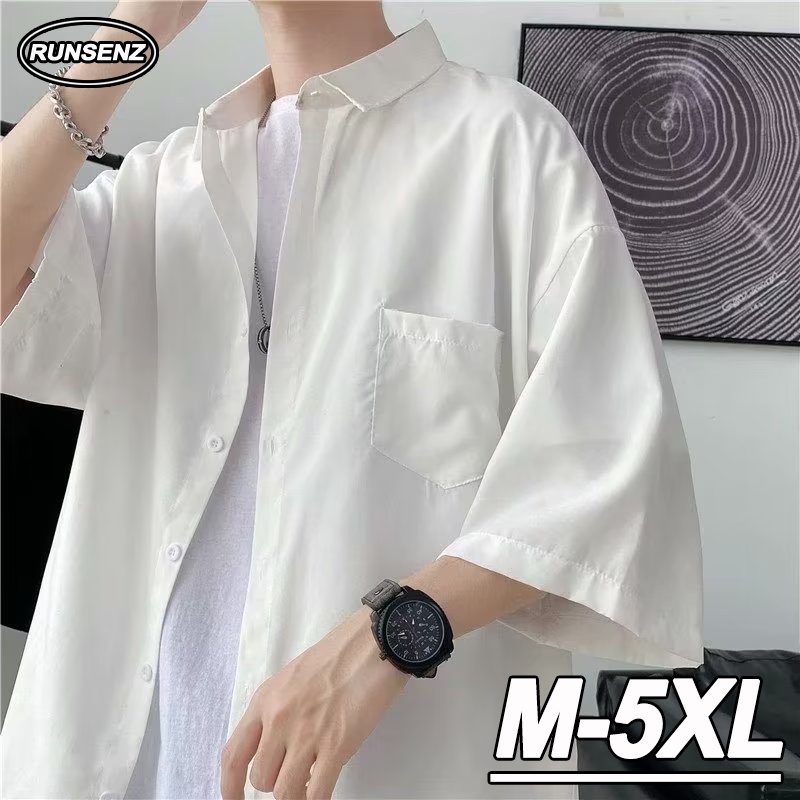 เสื้อเชิ้ตแขนสั้น ลําลอง ทรงหลวม สีขาว แบบเรียบ พลัสไซซ์ สําหรับผู้ชาย ไซซ์ M - 5XL