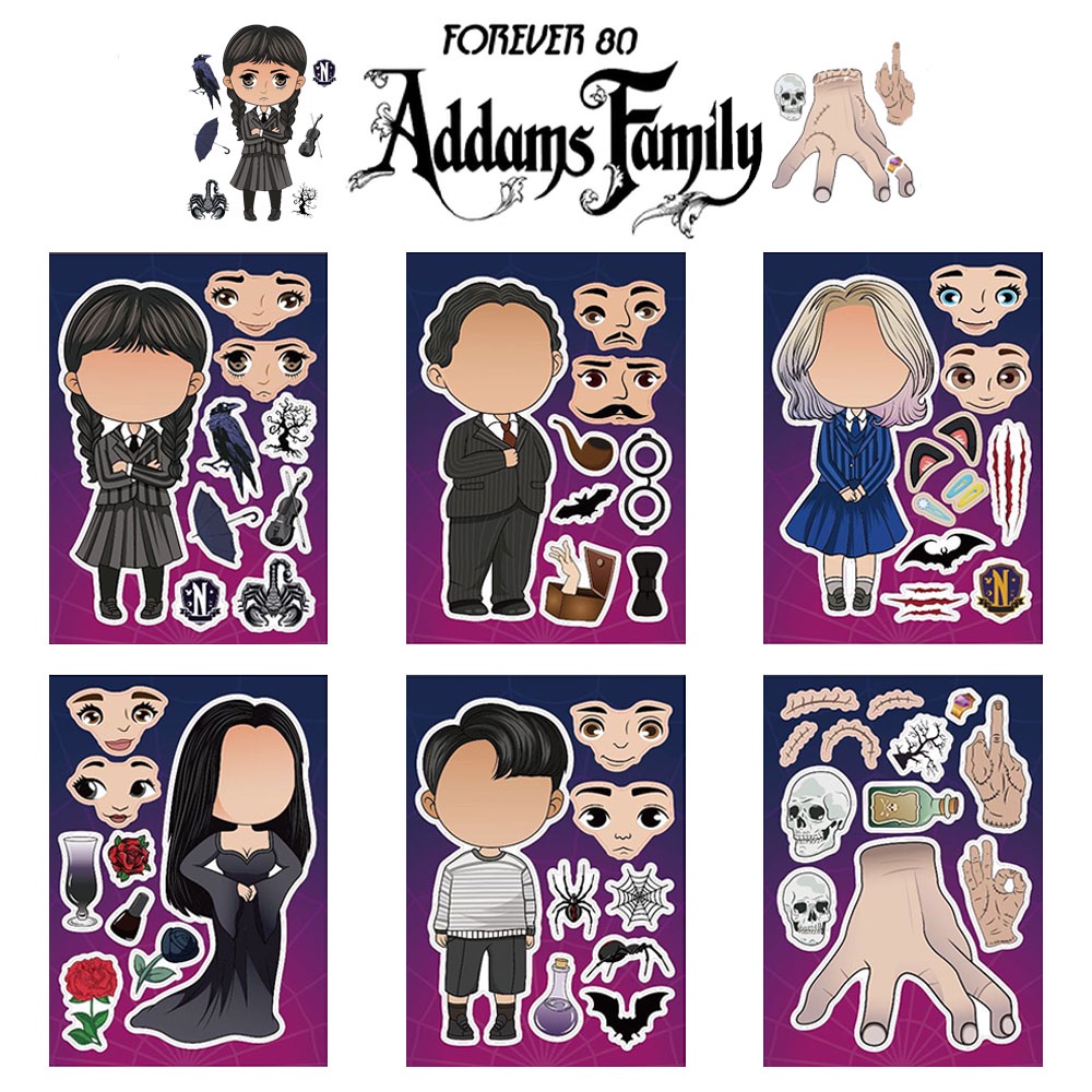 สติกเกอร์ปริศนา ลายการ์ตูนมังงะ The Addams Family Series Q-version สไตล์คลาสสิก สําหรับติดตกแต่งปาร์ตี้ฮาโลวีนเด็ก 6 แผ่น