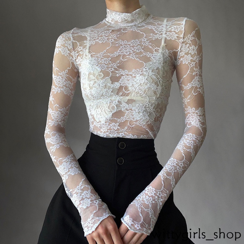 Wittygirls-shop_ เสื้อแขนยาว คอกลม เข้ารูป แต่งลูกไม้ เซ็กซี่ สําหรับผู้หญิง