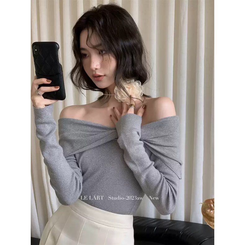 Gakki เสื้อยืดหญิงไหมพรมปาดไหล่ แขนยาว ผญ ผ้านิ่มใส่สบาย ฟรีไซส์ พร้อมส่ง 1661#