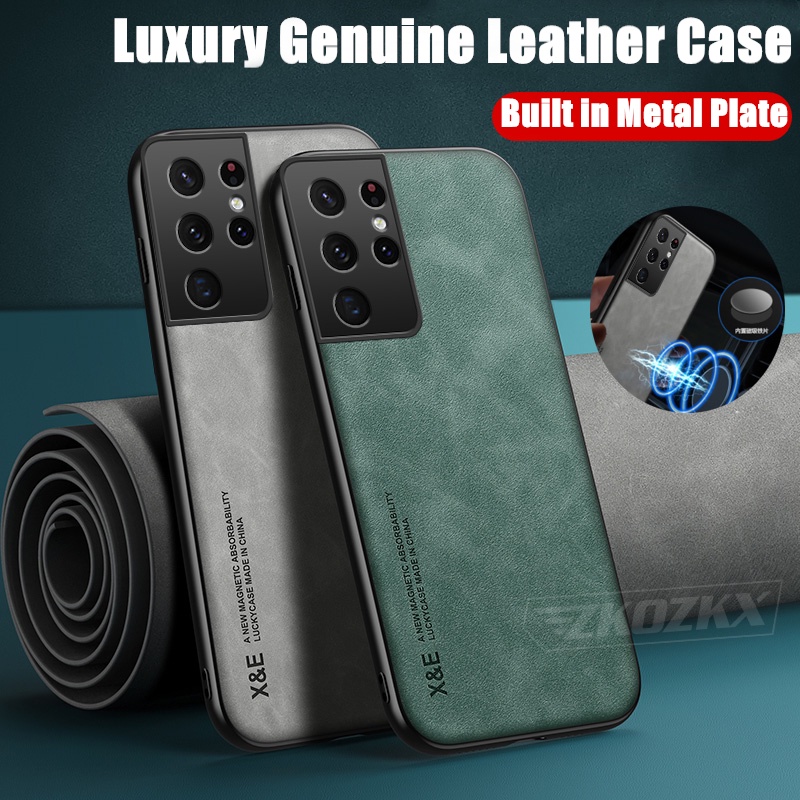 สําหรับ Samsung Galaxy S21 Ultra 5G 6.8 นิ้ว SM-G998B Slim Minimalist ของแท้ Lamb หนังแผ่นโลหะในตัวป