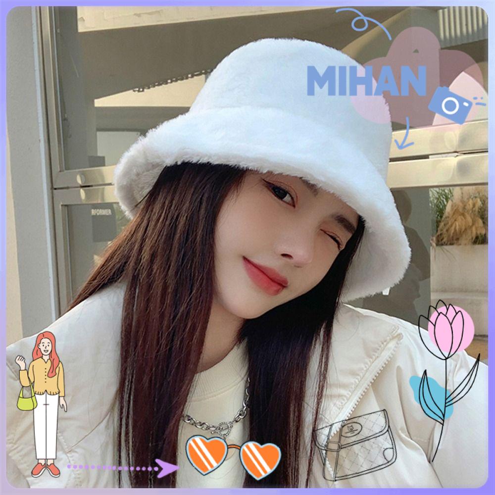Mh หมวกบักเก็ต ขนเทียม สีพื้น อบอุ่น แฟชั่นฤดูหนาว สําหรับผู้หญิง