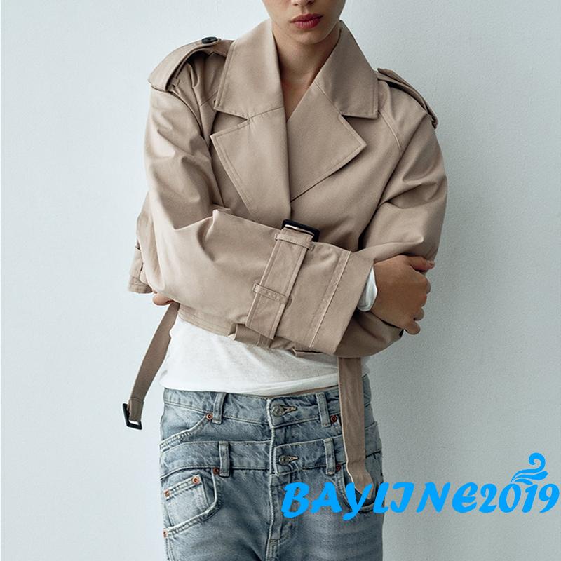 Bay-women Crop Jacket Casual สีทึบแขนยาว Double Breasted Trench Coat คาร์ดิแกนเข็มขัดสําหรับฤดูใบไม้ร่วงฤดูหนาว Outwear