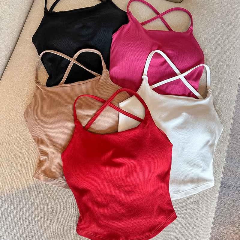 พร้อมส่ง  เสื้อครอปไขว้หลัง งานสีสุดแซ่บ ฟรีไซต์  งานผ้าร่อง อกยืดได้เยอะ
