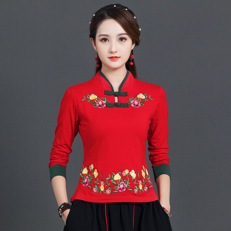 เสื้อยืดแขนยาว ผ้าฝ้าย ปักลาย สไตล์ชนเผ่า เรโทร แฮนด์เมด สําหรับผู้หญิง