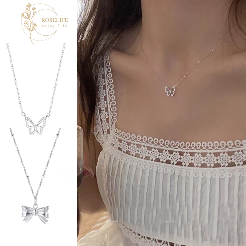 Roselife สร้อยคอโซ่เงิน จี้คริสตัล รูปผีเสื้อ ประดับลูกปัด โบว์ เก๋ไก๋ เครื่องประดับแฟชั่น สําหรับผู้หญิง