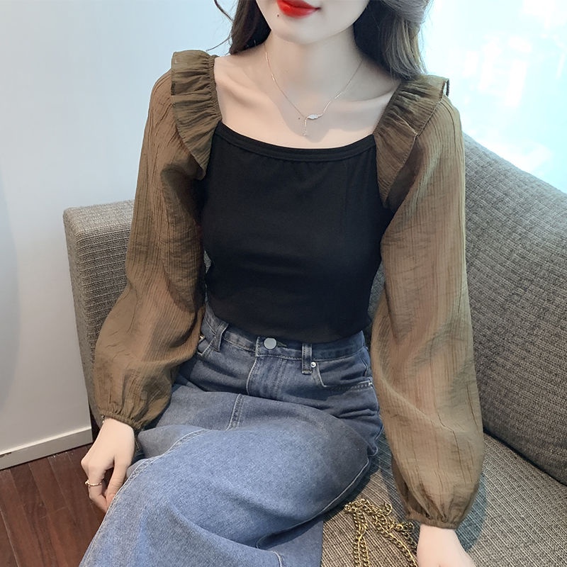 เสื้อเบลาส์ลําลอง แขนยาว คอสี่เหลี่ยม แฟชั่นฤดูใบไม้ร่วง สําหรับสตรี