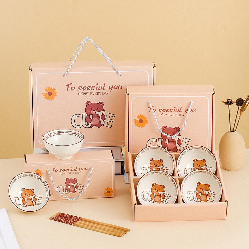 พร้อมส่ง ชุดถ้วยเซรามิก4.5นิ้ว ชุดรับไหว้ ชุดของขวัญ ชุดก้วยเชรามิก พร้อมตะเกียบ เข้าไมโครเวฟได้