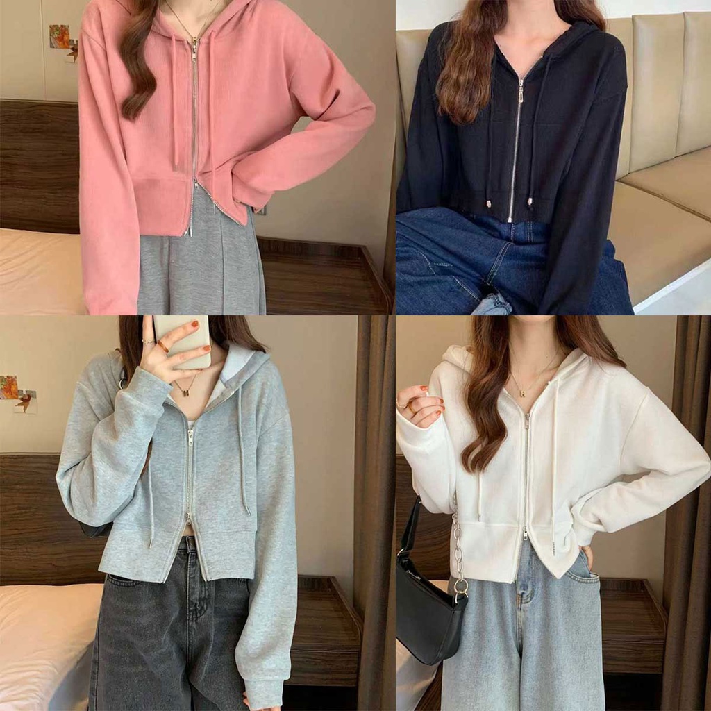 เสื้อครอปท็อปแขนยาวลําลอง มีฮู้ด ทรงหลวมเซ็กซี่ สีพื้น
