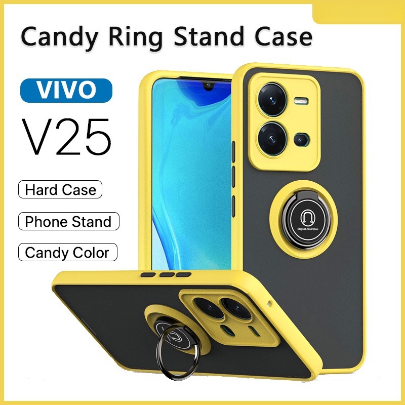 กรณีโทรศัพท์มือถือ VIVO V25 Case VIVO V21 V21E V19 Y35 Y22 Y22s Y02s  เคสโทรศัพท์มือถืออะคริลิคแข็ง กันกระแทก ป้องกันกล้อง พร้อมแหวนขาตั้งแม่เหล็ก สีแคนดี้ สําหรับ