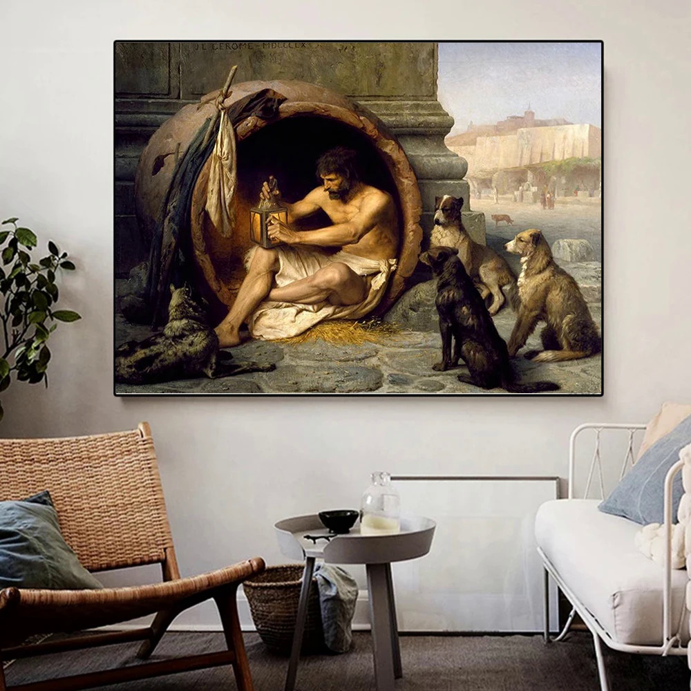 John William Waterhouse Diogenes 1860 กรีก Philospher สุนัขศิลปะผ้าใบภาพวาดโปสเตอร์สําหรับห้องนั่งเล่นภาพตกแต่ง