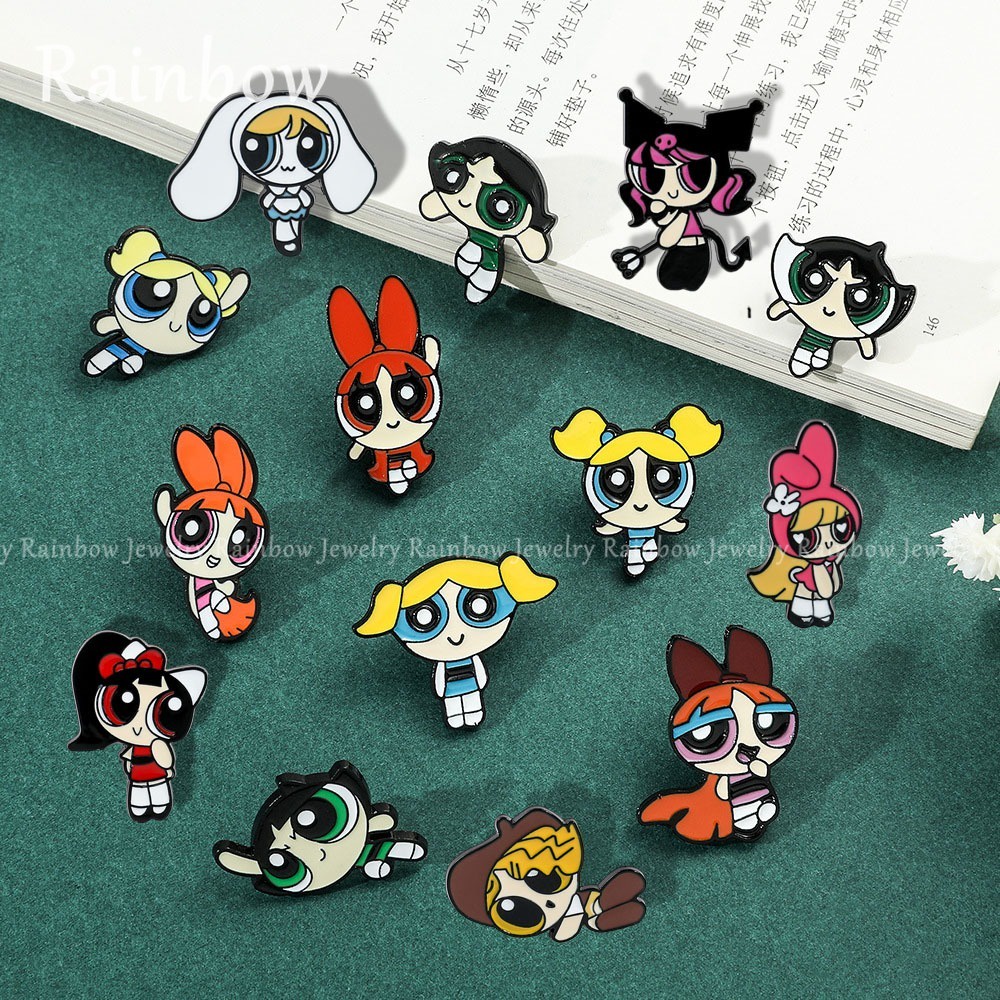 [Rainbow] เข็มกลัดโลหะ ลายการ์ตูนอนิเมะ Powerpuff Girls อุปกรณ์เสริม สําหรับเด็กผู้หญิง