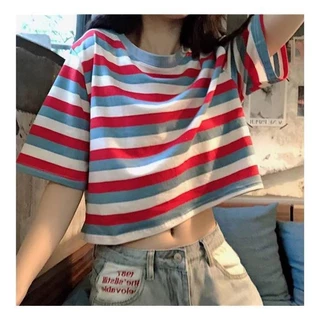 ✨Alva✨เสื้อยืดเอวลอย สไตล์เกาหลี ลายทาง สีรุ้ง เสื้อยืดแฟชั่น 🌈 #9335