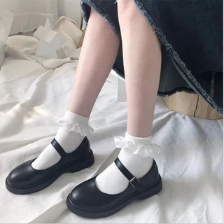 🌈พร้อมส่งจากไทย🧦ถุงเท้าผู้หญิงญี่ปุ่น jk สีทึบ ถุงเท้าลูกไม้โบว์ นุ่ม สบาย
