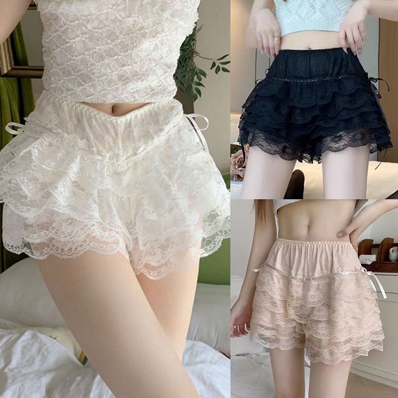 พร้อมส่ง กางเกงกระโปรง เลกกิ้งขาสั้น เอวสูง ประดับโบว์ แต่งลูกไม้ แฟชั่นฤดูร้อน สไตล์เกาหลี สําหรับสตรี