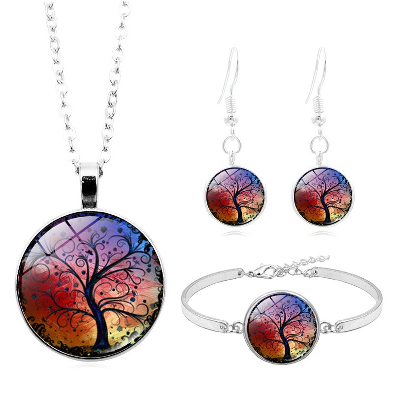 LE Tree Of Life เครื่องประดับ Tree Of Life แก้ว Cabochon สร้อยคอต่างหูสตั๊ดสร้อยข้อมือกําไลข้อมือชุด