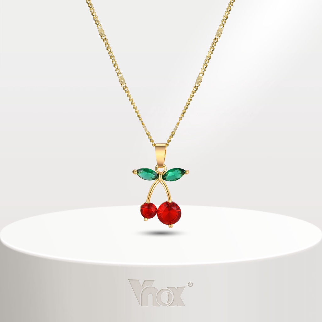 Vnox สร้อยคอทอง 18K จี้เชอร์รี่น่ารัก กันแพ้ สีแดง เครื่องประดับ สําหรับผู้หญิง