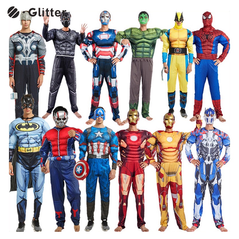 ชุดจั๊มสูท ชุดคอสเพลย์ หน้ากากคอสเพลย์ Superhero Spiderman Ironman Captain America Hulk Thor Batman 3 มิติ สําหรับผู้ชาย ผู้ใหญ่ ปาร์ตี้ฮาโลวีน