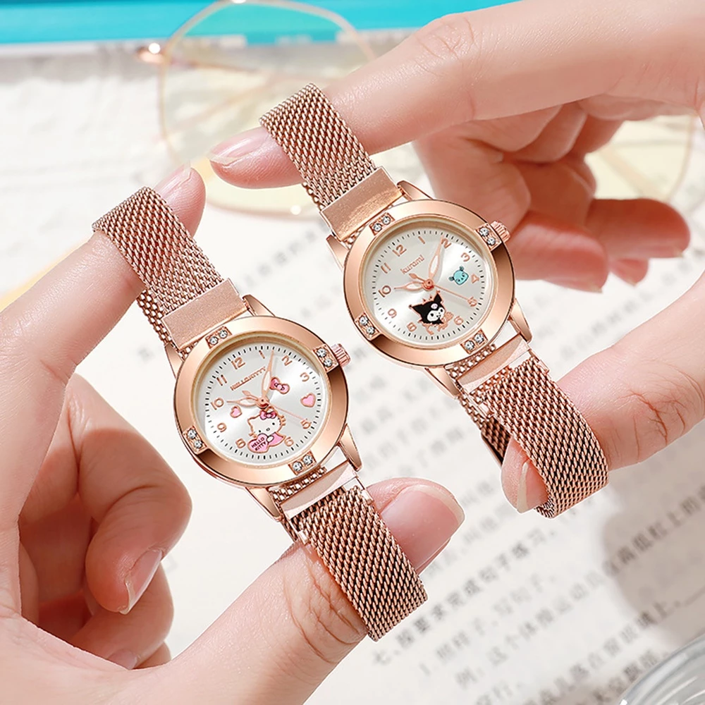 นาฬิกาข้อมือ Sanrio Kuromi Melody Cinnamon Hello Kitty สีโรสโกลด์ แบบแม่เหล็ก ดูดซับน้ําได้ สําหรับเด็กนักเรียน ให้เป็นของขวัญ