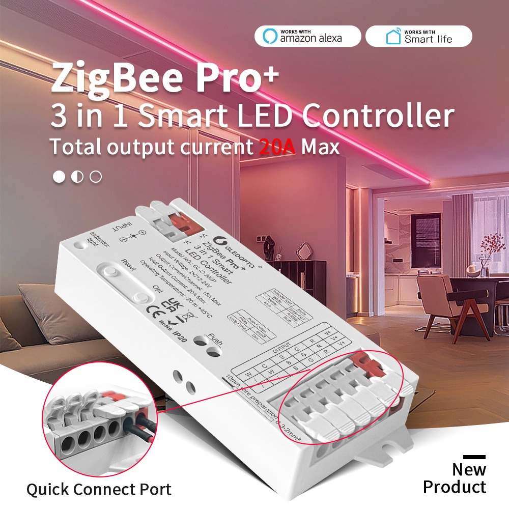 Gledopto ZigBee 3.0 Pro+ 3 in 1 ตัวควบคุมสายไฟ RGBCCT RGBW RGB LED 20A Max H ue Alexa Homey Tuya ควบคุมด้วยเสียง