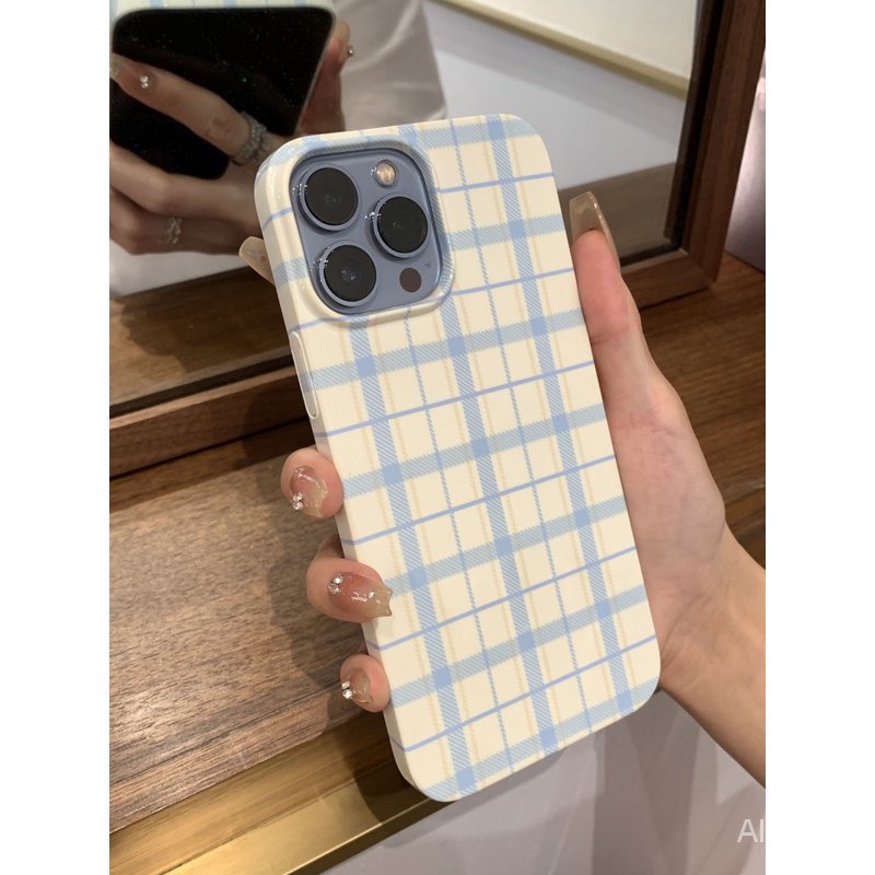 เคสโทรศัพท์มือถือแบบแข็ง กันกระแทก ลายเส้นตาราง สีฟ้า ขาว สไตล์เกาหลี สําหรับ iPhone 7 8 Plus x xs xr xsmax 11 12 13 14 15 Pro max