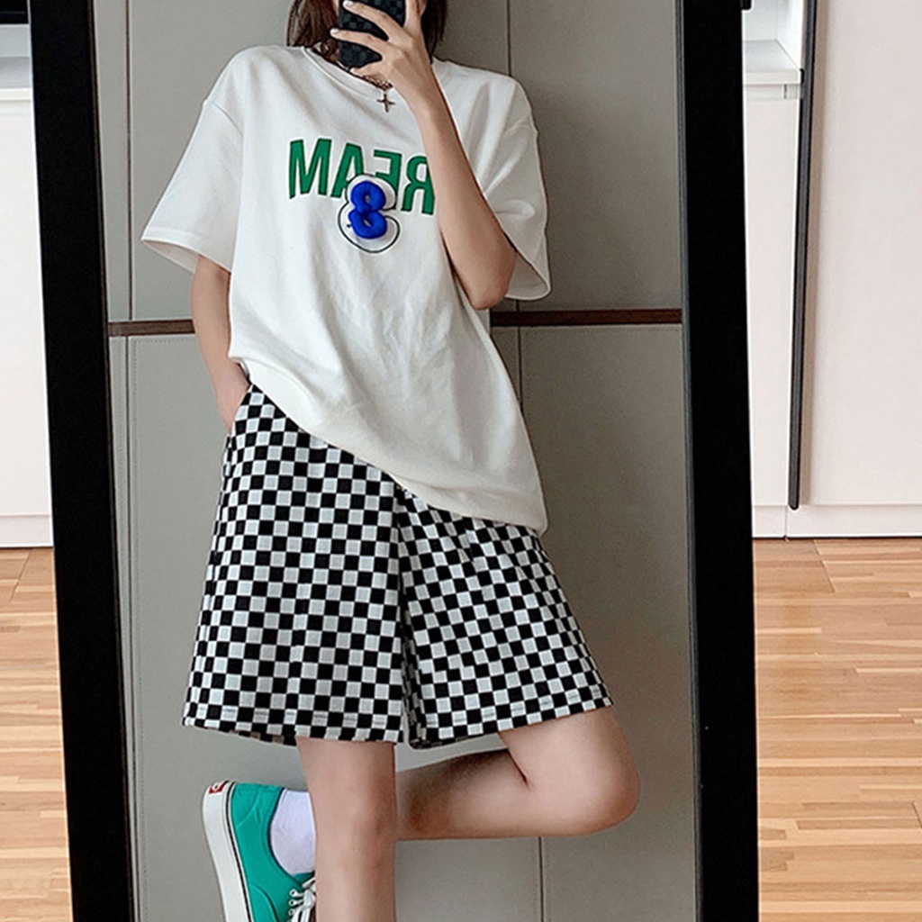พร้อมส่ง กางเกงขาสั้นคนท้อง พิมพ์ลายตารางขาวดำ ใส่สบาย