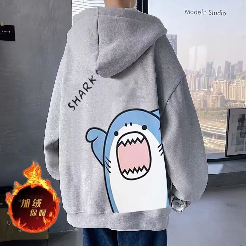 เสื้อกันหนาวแขนยาว มีฮู้ด ผ้ากํามะหยี่ พิมพ์ลายฉลาม ทรงหลวม สไตล์เกาหลี วินเทจ เหมาะกับฤดูใบไม้ร่วง สําหรับผู้ชาย ไซซ์ M - 8XL