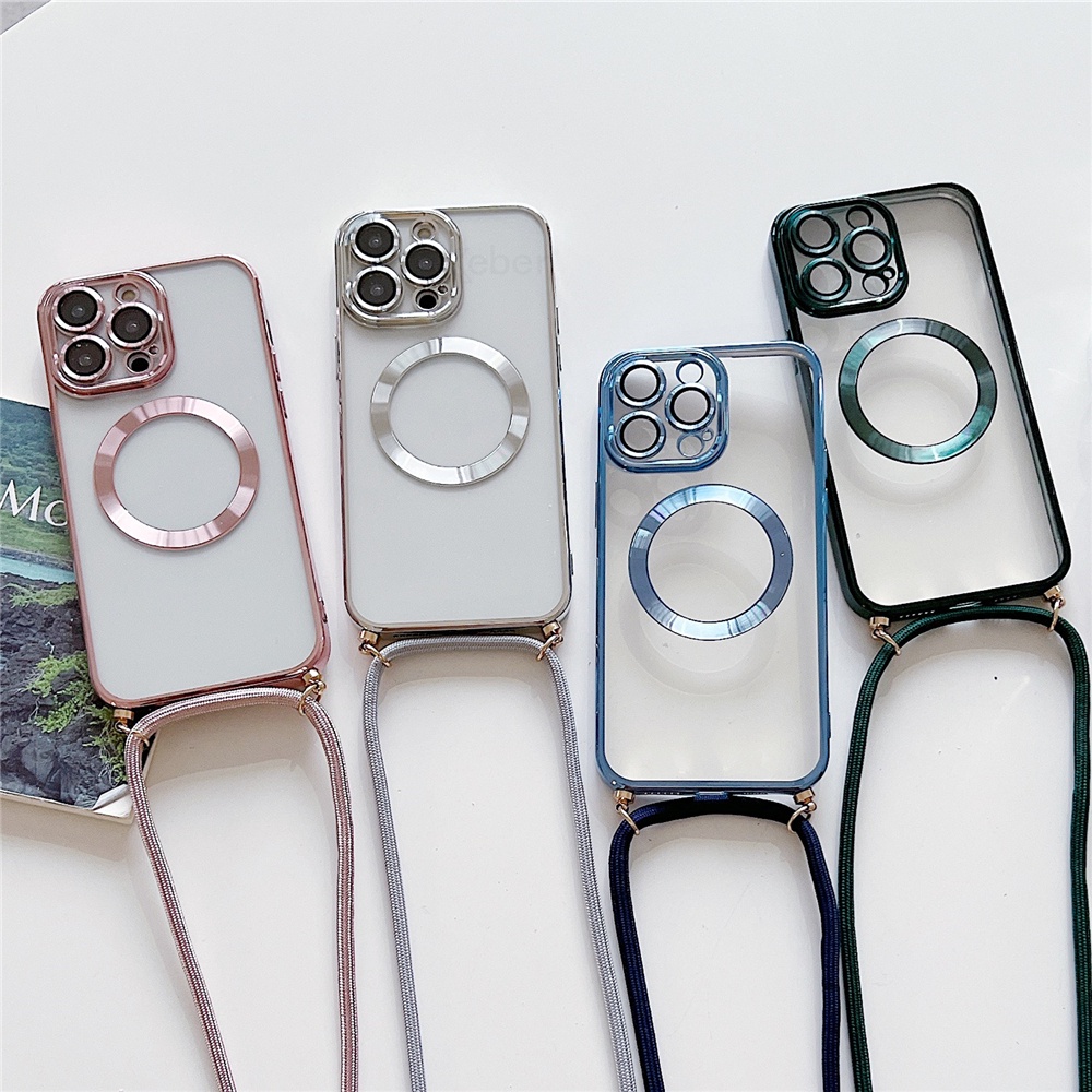 Iphone 11 12 13 14 15 Pro Max 15 14 Plus ชุบ ใส แม่เหล็ก ไร้สาย เคสชาร์จ สะพายข้าง สายคล้องคอ สร้อยคอ