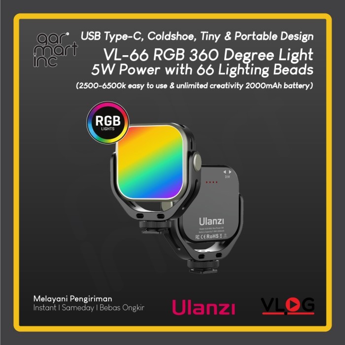 Ulanzi VL66 RGB LED 360 หมุนวิดีโอ Mini Studio โคมไฟแบบพกพา U-Shape หมุนได้ 3 โหมดแสงและ Bi สี 3-6K 