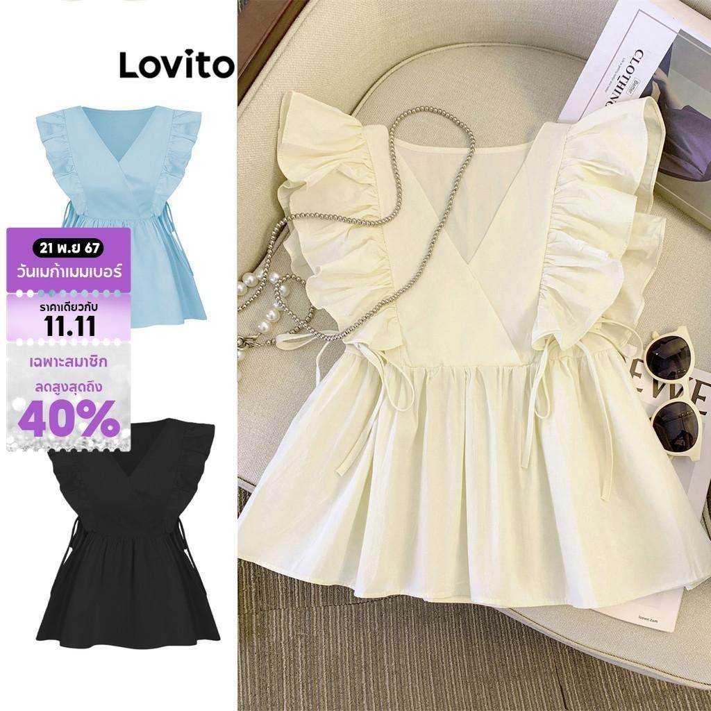 Lovito เสื้อเบลาส์ผู้หญิง ขอบหยัก ผูกเชือก ป้ายหน้า สีพื้น สไตล์ลำลอง L68ED004 (หลากสี)